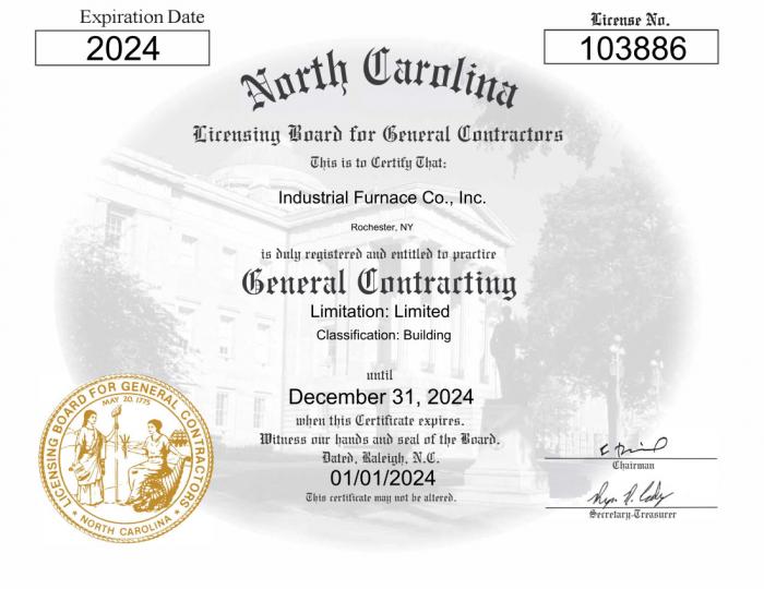 Industrial Furnace General Contracting License for North Carolina